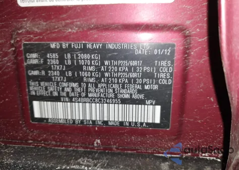 2012 Subaru Outback 2.5I Premium z USA, uszkodzony, nr VIN 4S4BRBCC8C3246955